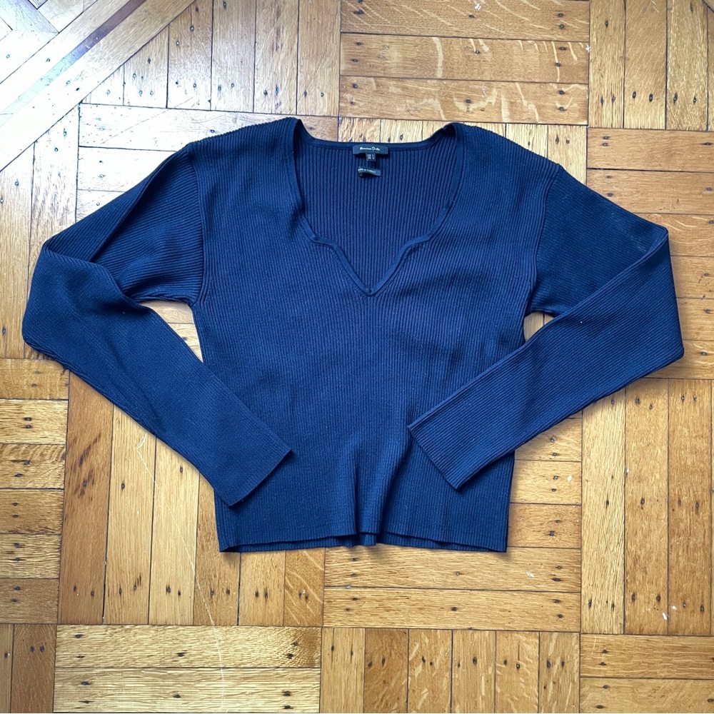 Massimo Dutti Navy V-neck Ribbed Top